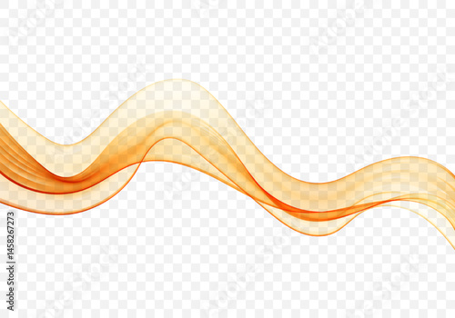 Flowing abstract wave in warm orange and yellow tones on transparent background. Vector design with smooth motion and layered translucency.