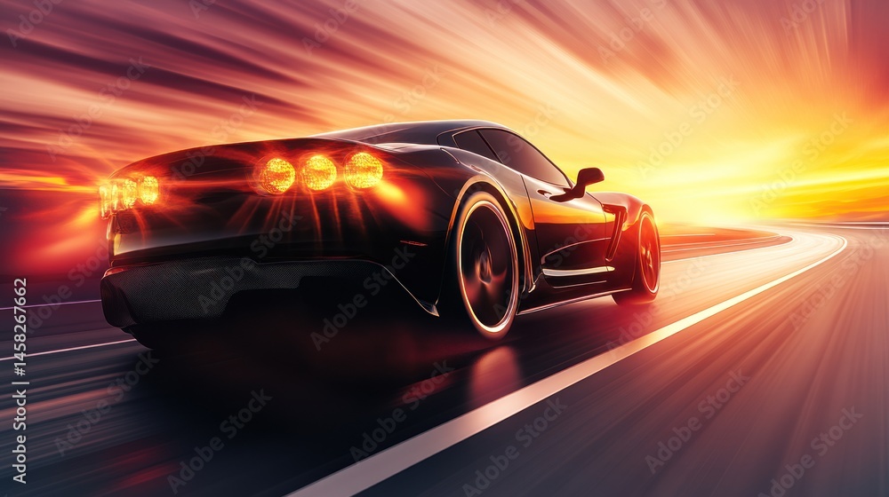Naklejka premium Fast Car Sunset Drive: A Speeding Sports Car at Sunset