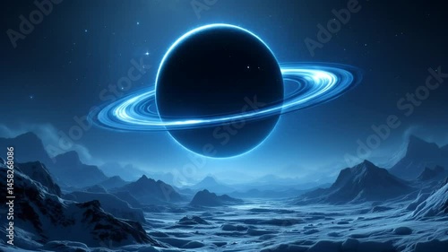 Cosmic fantasy scene of a surreal black planet floating and spinning above icy mountains and dark coasts
