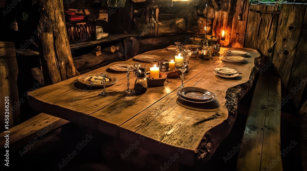 Rustic wooden table laden with dishes and candles in a cabin. Rustic wooden table laden with dishes and candles in a cabin.