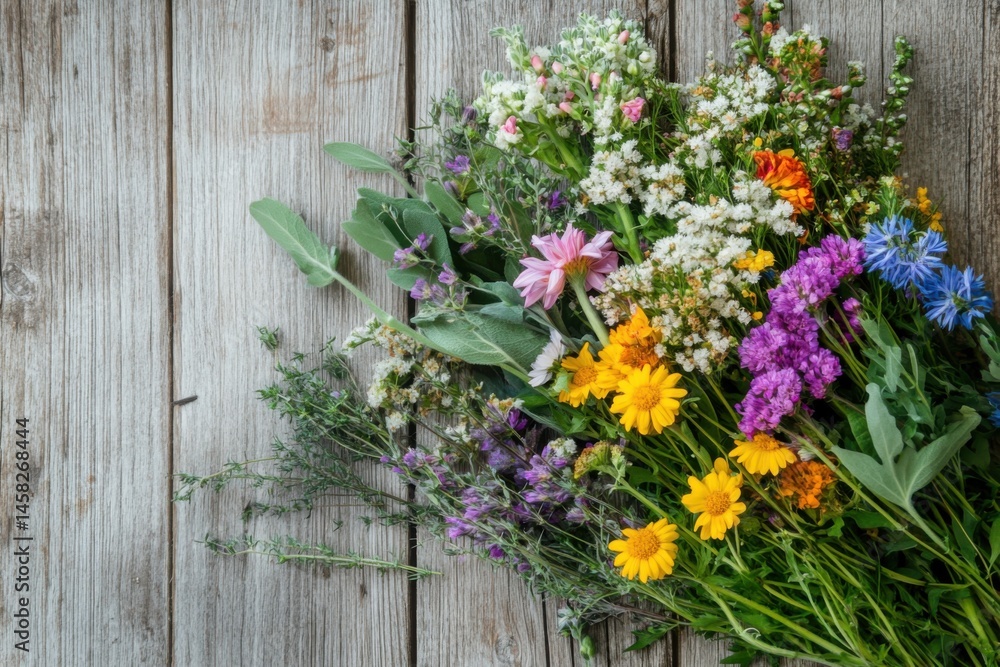 Fototapeta premium Vibrant wildflower bouquet arranged on rustic wooden surface brings joy to any setting with its colorful charm