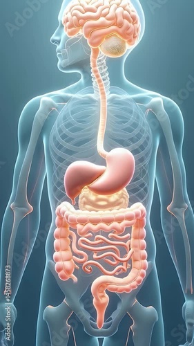 Conceptual illustration of gut-brain axis interaction with neural pathways connecting intestines and brain in glowing lines, symbolizing mental health links