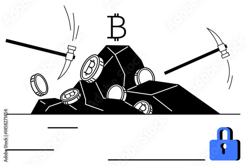 Hammers and pickaxes mining cryptocurrency coins from a rock pile under a Bitcoin sign. A lock represents secure transactions. Ideal for mining, blockchain, security, digital currency