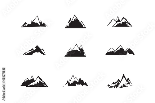 Mountain silhouette set. Mountain logo collection. Mountain, rock, hill, peak logos. Vector stock illustration. eps10