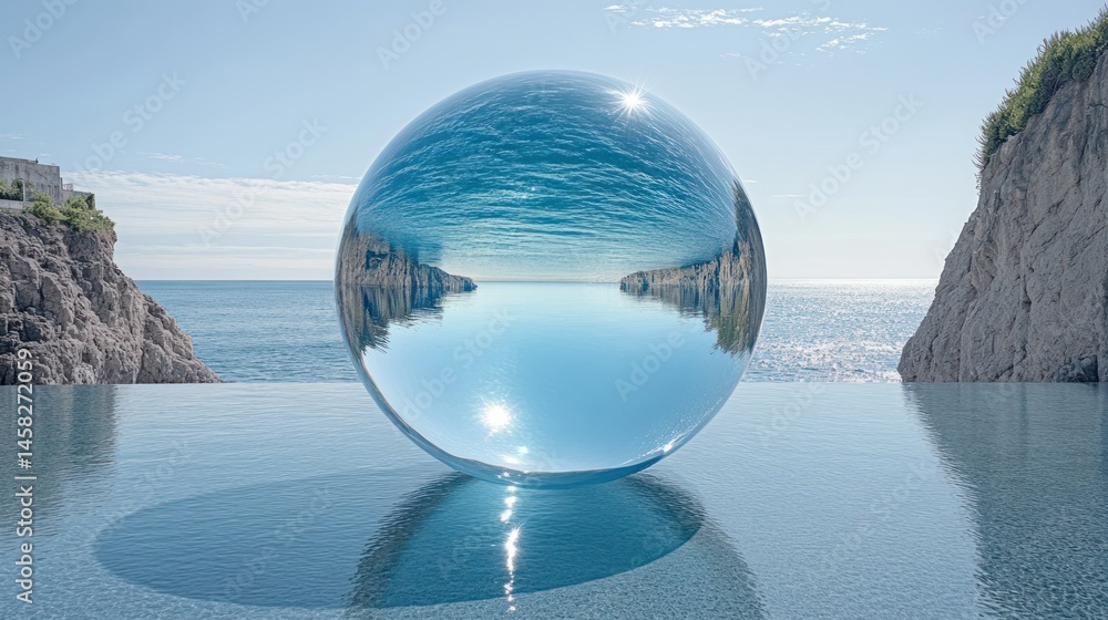 Fototapeta premium Crystal sphere reflecting coastal scenery