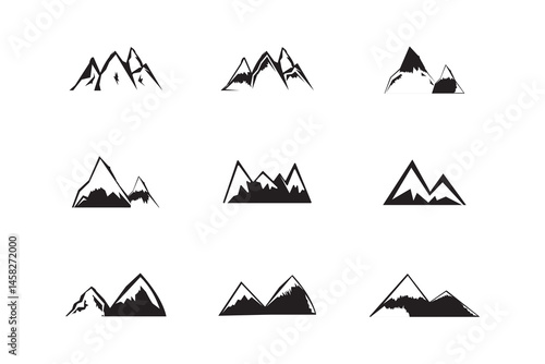 Mountain silhouette set. Mountain logo collection. Mountain, rock, hill, peak logos. Vector stock illustration. eps10