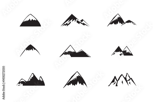 Mountain silhouette set. Mountain logo collection. Mountain, rock, hill, peak logos. Vector stock illustration. eps10