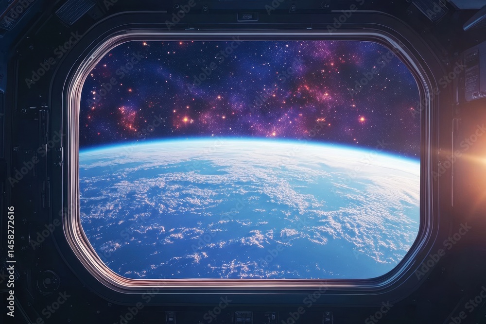 View of Earth from a spaceship window set against a cosmic backdrop of stars and galaxies, Animated background of space view from spaceship window ing time-lapse Photo View of Earth from a spaceship window set against a cosmic backdrop of stars and galaxies, Animated background of space view from spaceship window ing time-lapse Photo