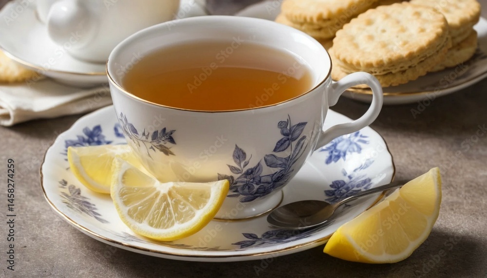 Afternoon Tea: Elegant Cup with Lemon Slices and Biscuits Afternoon Tea: Elegant Cup with Lemon Slices and Biscuits