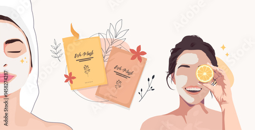 Vector illustration of a woman relaxing with a face sheet mask and skincare sachets on the side. Ideal for beauty, facial treatment, wellness spa, self-care, and natural skincare product promotions
