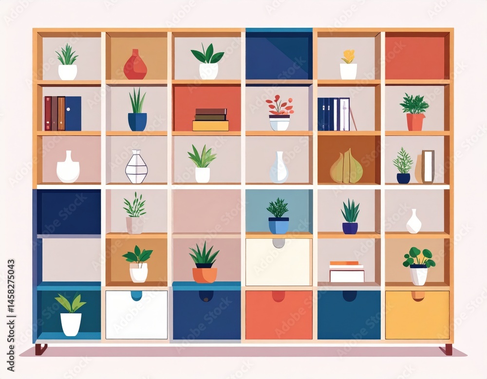 Colorful Wooden Bookshelf With Potted Plants Colorful Wooden Bookshelf With Potted Plants