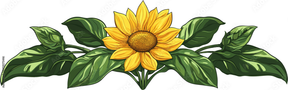 Naklejka premium Cute sunflower with leaves. Vector illustration