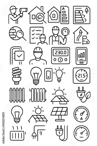 home energy audit line icon set. Vector pictograms of heat loss inspection, HVAC, smart thermostat, blower, radiator, report, window upgrade, thin linear illustration.