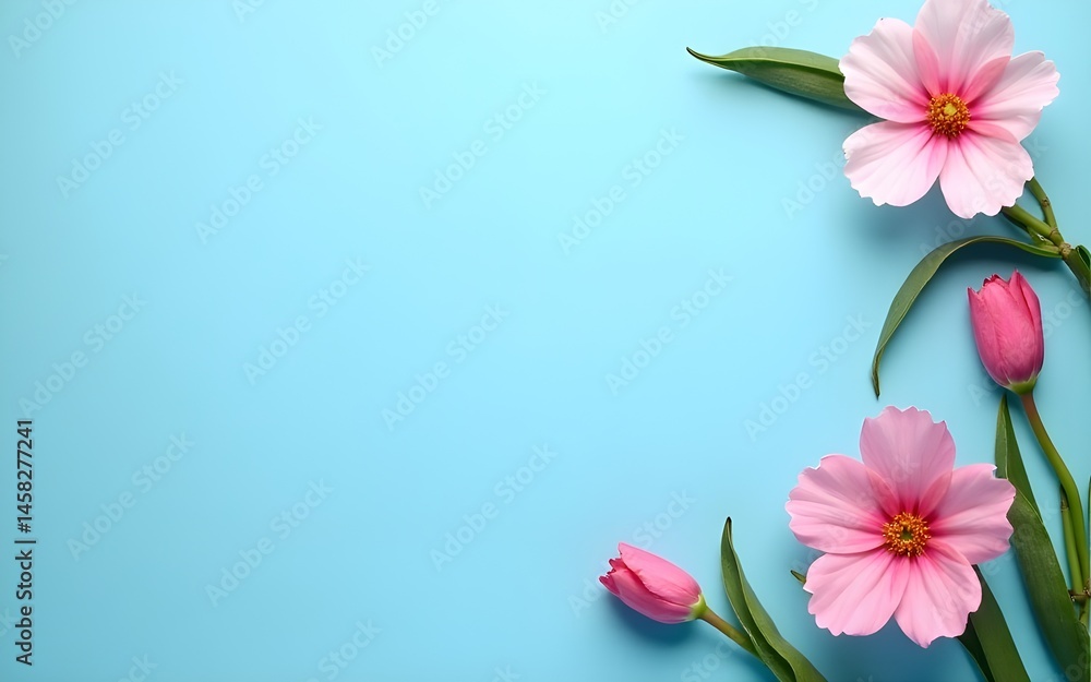 Naklejka premium Amazing Spring flower frame on blue background copy space flat lay mock up. High quality