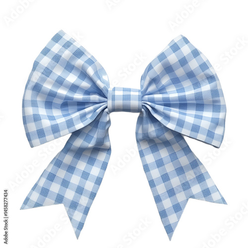Front view of a light blue gingham bow isolated on a white transparent background.