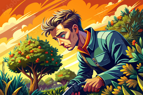 Handsome young male gardener trimming a green hedgerow in a sunny park setting, showcasing landscaping work, outdoor maintenance, and healthy lifestyle. Ideal for gardening, horticulture, outdoor care