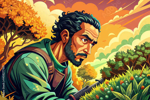 Handsome young male gardener trimming a green hedgerow in a sunny park setting, showcasing landscaping work, outdoor maintenance, and healthy lifestyle. Ideal for gardening, horticulture, outdoor care