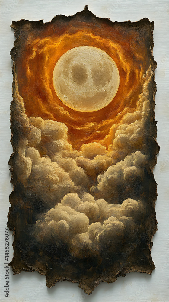 Obraz premium A grinning full moon dominates a fiery, clouded night sky, framed by a textured, burnt-edge border