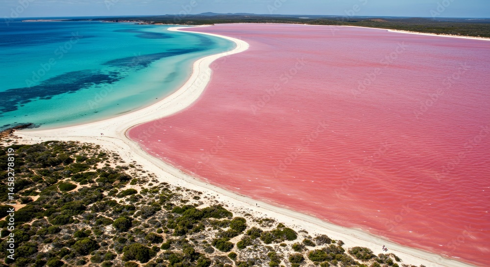Obraz premium Eye-catching contrast: Lake Hillier�s vibrant pink saline water lies next to the deep blue Southern Ocean on the Western Australia coastline. Aerial perspective.