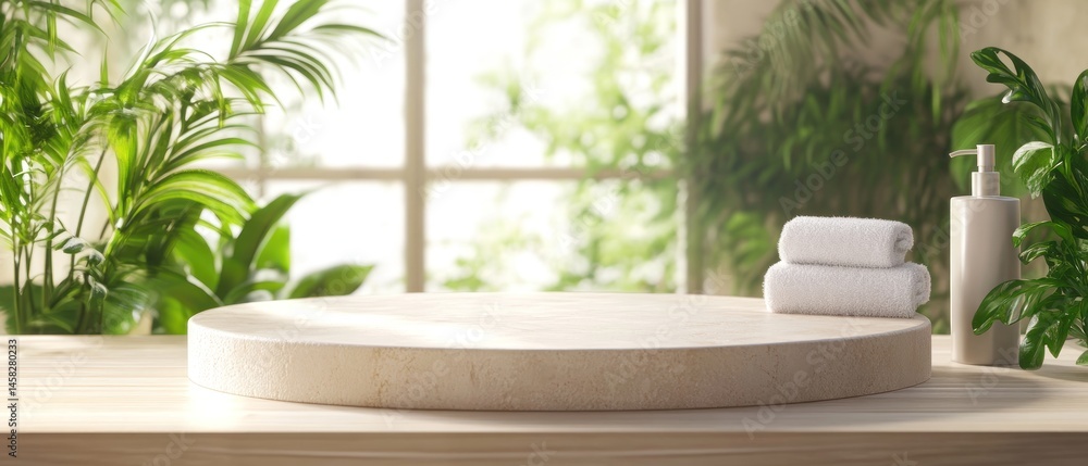 Clean minimalist product display with towels and plants Clean minimalist product display with towels and plants