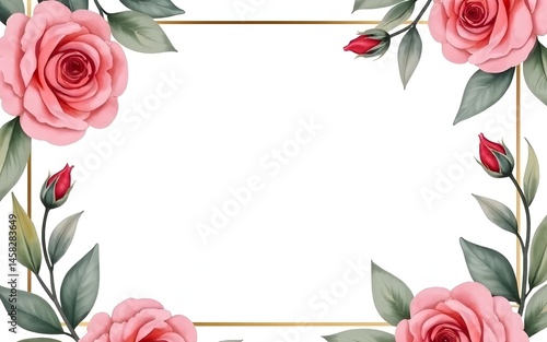 Stunning Watercolor flower frame Rose Eucalyptus. Template wedding invitation card. Rose metallic frame. High quality