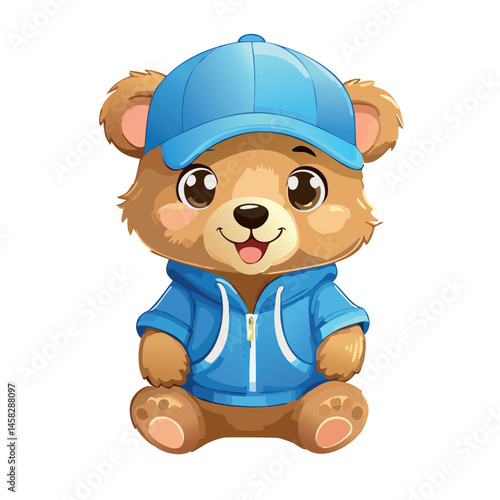 Honey colored cartoon baby bear wearing blue hoodie and blue baseball cap, hip hop style outfit, cool look, HD, white background 
