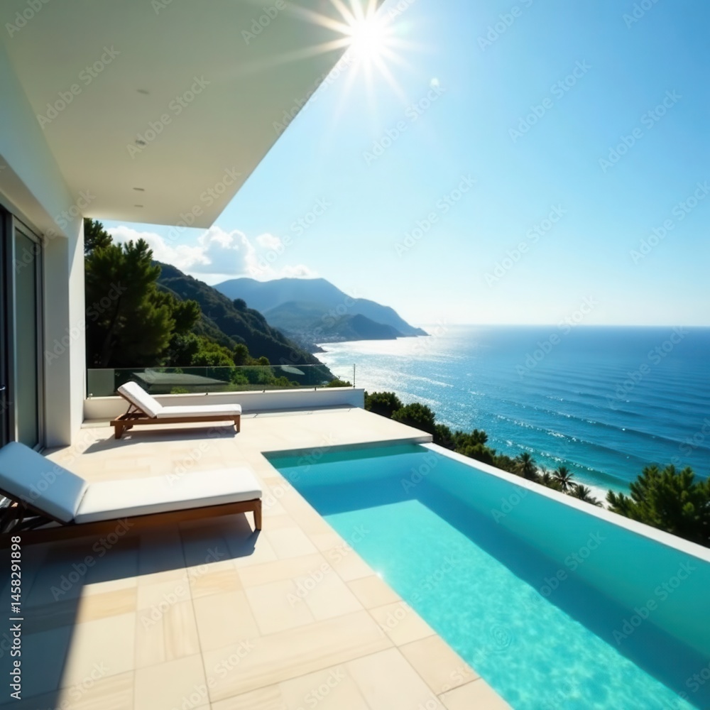Fototapeta premium Oceanfront luxury villa, infinity pool, sun-drenched terrace, spa, relaxation