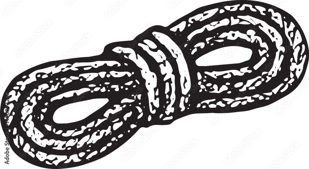 Obraz premium Hand-drawn sketch of a coiled rope, monochrome style, perfect for camping, climbing, or outdoor adventure themes, vintage illustration