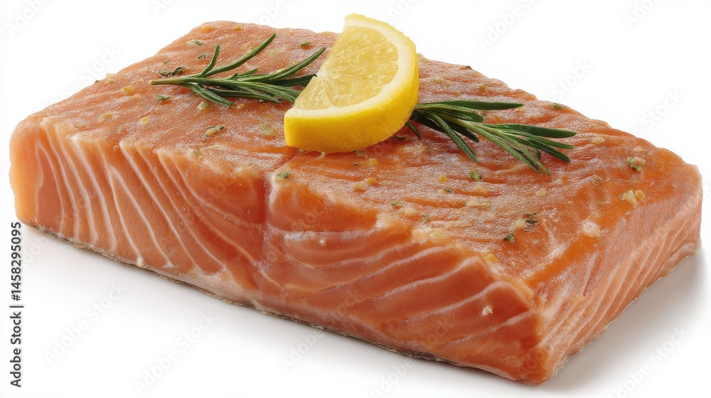 Fresh salmon fillet garnished with lemon and rosemary reflecting healthy culinary trends showcasing natural ingredients and gourmet cooking techniques captured with clarity Fresh salmon fillet garnished with lemon and rosemary reflecting healthy culinary trends showcasing natural ingredients and gourmet cooking techniques captured with clarity