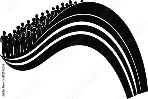 Crowd forming a rainbow wave on plain white background
