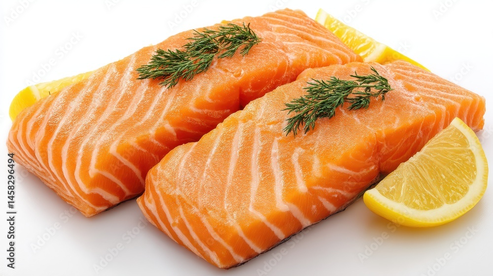 Fresh salmon fillets garnished with dill and lemon slices showcasing culinary potential in a vibrant food composition focused on healthy eating and delicious flavors Fresh salmon fillets garnished with dill and lemon slices showcasing culinary potential in a vibrant food composition focused on healthy eating and delicious flavors