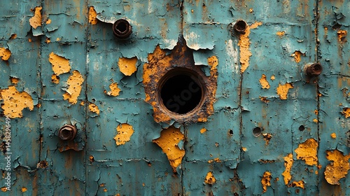 Close-up of teal metal surface with flaking paint, rusted bolts, and central hole showing deterioration