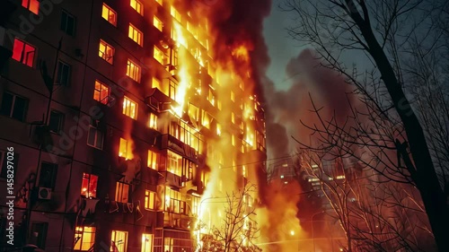 Firefighters work diligently to control a massive fire engulfing a high-rise apartment building, illuminating the night sky with flames and smoke.