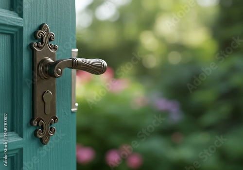 Antique door hardware, partially opened teal door, blurred garden view, inviting transition, home decor