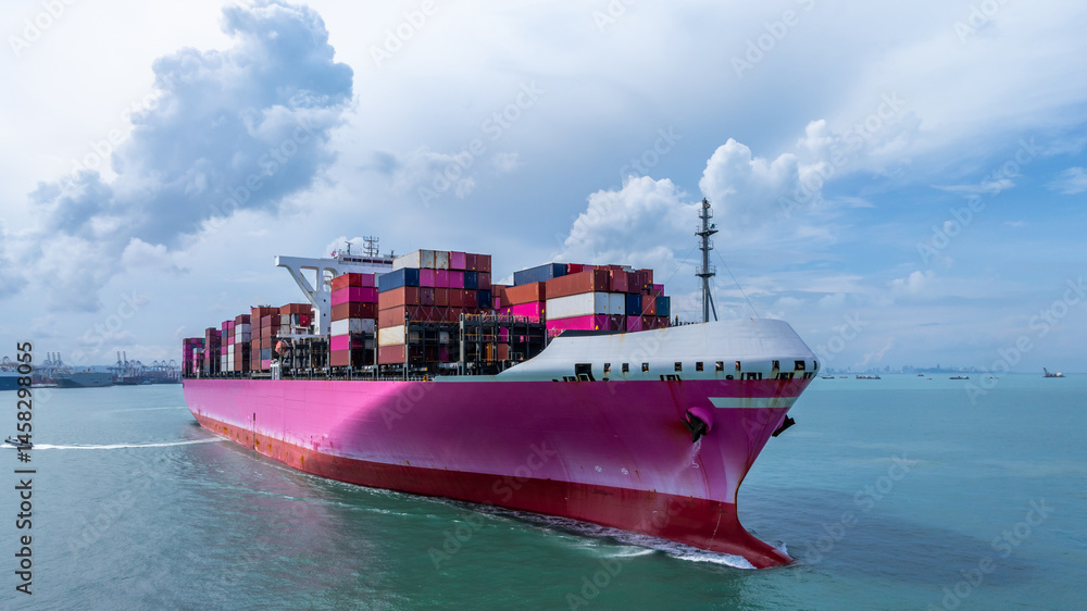 Aerial view container cargo ship freight shipping international, Global business freight shipping import export logistic transportation container ship, Container cargo ship sea freight container ship.