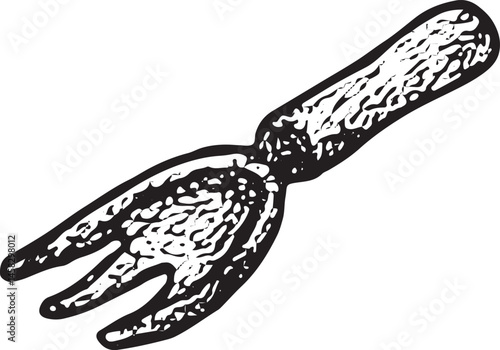 Hand-drawn sketch of an earth rake with wooden handle, monochrome style, perfect for gardening, farming, or outdoor work themes, vintage illustration