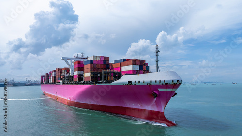 Obraz na płótnie Aerial view container cargo ship freight shipping international, Global business freight shipping import export logistic transportation container ship, Container cargo ship sea freight container ship. w salonie