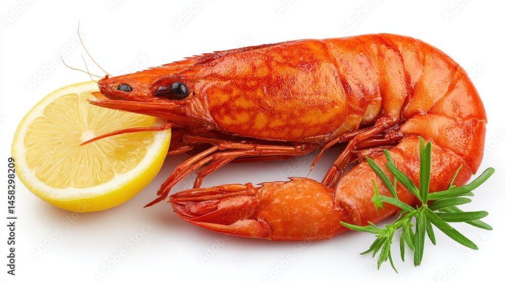 Freshly cooked vibrant shrimp presented with a slice of lemon and garnished with green herbs showcasing culinary elegance and seafood freshness captured with clarity Freshly cooked vibrant shrimp presented with a slice of lemon and garnished with green herbs showcasing culinary elegance and seafood freshness captured with clarity