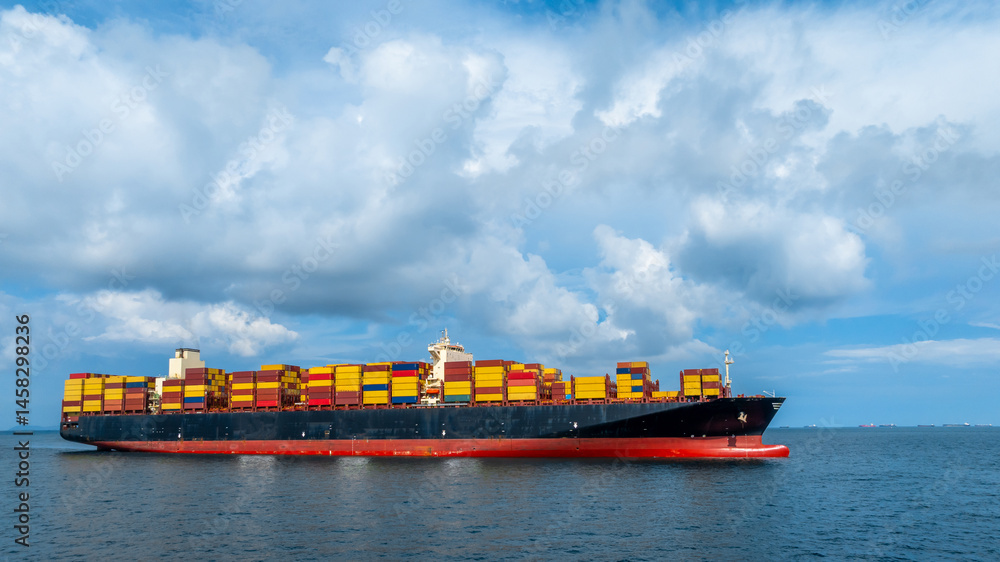 Aerial view container cargo ship freight shipping international, Global business freight shipping import export logistic transportation container ship, Container cargo ship sea freight container ship.