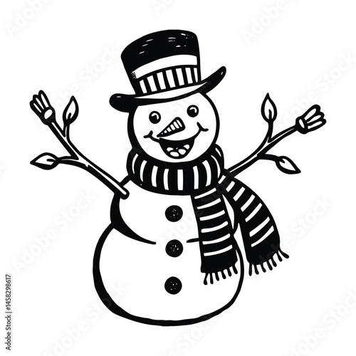 a cheerful snowman carrot nose  scarf vector art silhouette