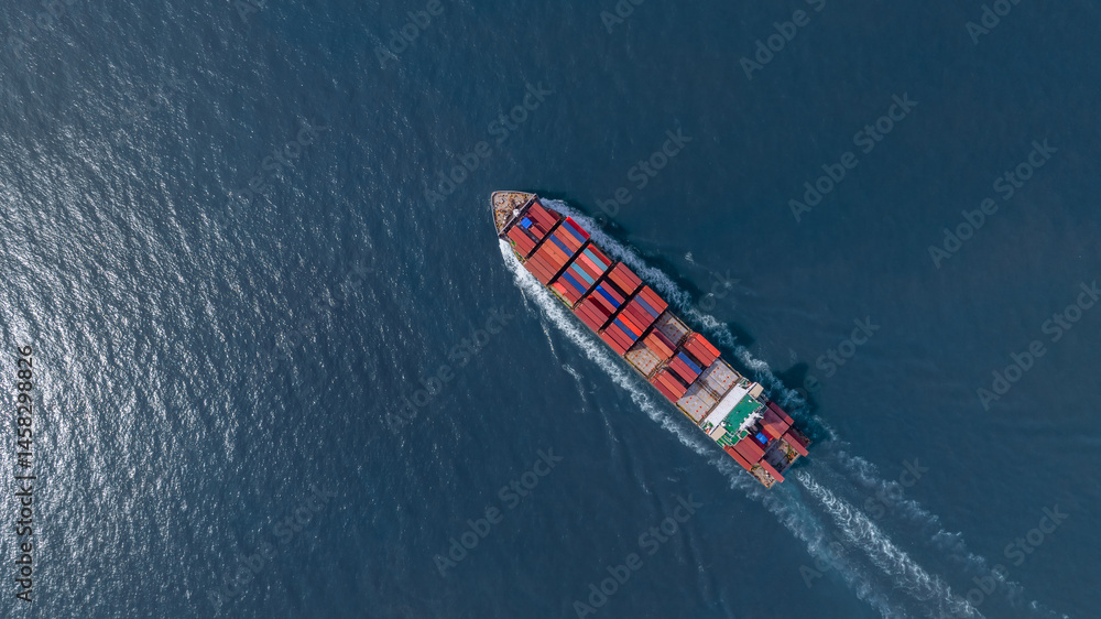 Aerial view container cargo ship freight shipping international, Global business freight shipping import export logistic transportation container ship, Container cargo ship sea freight container ship.