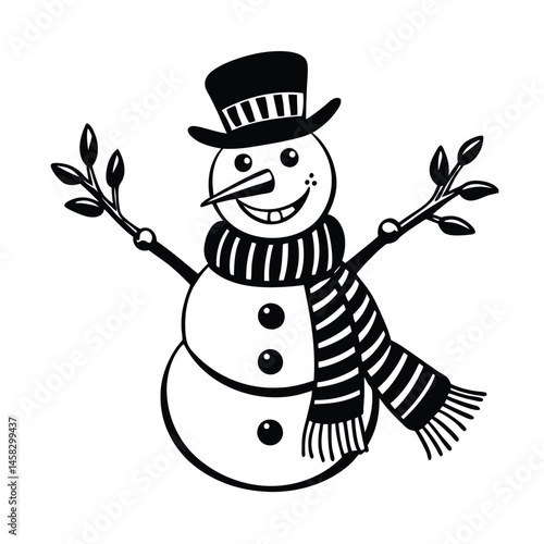 a cheerful snowman carrot nose  scarf vector art silhouette