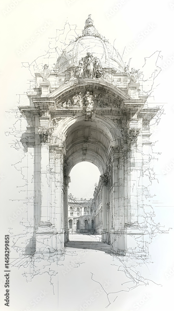 Fototapeta premium Architectural sketch of ornate arched gateway, leading to a classical building courtyard