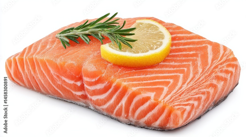 Fresh salmon fillet garnished with lemon slice and rosemary displayed on bright background showcasing vibrant culinary presentation and healthy eating lifestyle Fresh salmon fillet garnished with lemon slice and rosemary displayed on bright background showcasing vibrant culinary presentation and healthy eating lifestyle