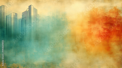 Panel kuchenny z motywem A misty cityscape contrasts with a fiery, abstract landscape, rendered in muted teal, orange, and beige tones on a textured background, suggesting a juxtaposition of nature and urban development