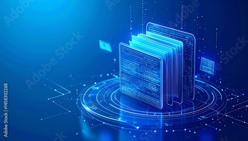 Digital folder with documents surrounding it in a futuristic interface depicting data organization concept in a glowing blue-themed style.