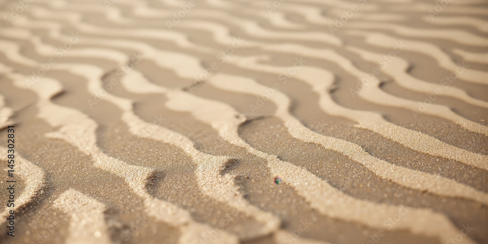 Fototapeta premium Monochromatic Beach Textures Close-up of pristine shoreline sand with gentle water ripples creating abstract linear patterns in subtle beige palette