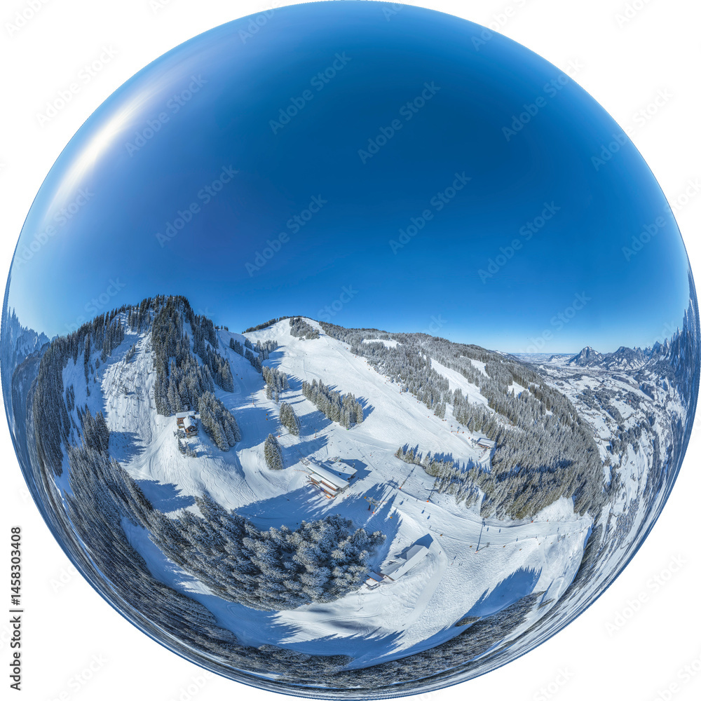 Little Planet-Ansicht der winterlich verschneiten Hörnerkette bei Bolsterlang im Oberallgäu, freigestellt