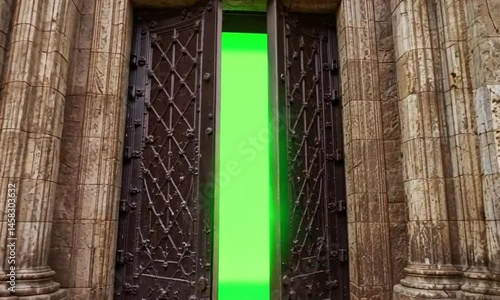 ancient gate open showing green screen