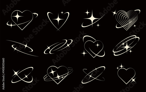 stars with orbit line set vector. stylized sparkling frame and border. icon and symbol concept